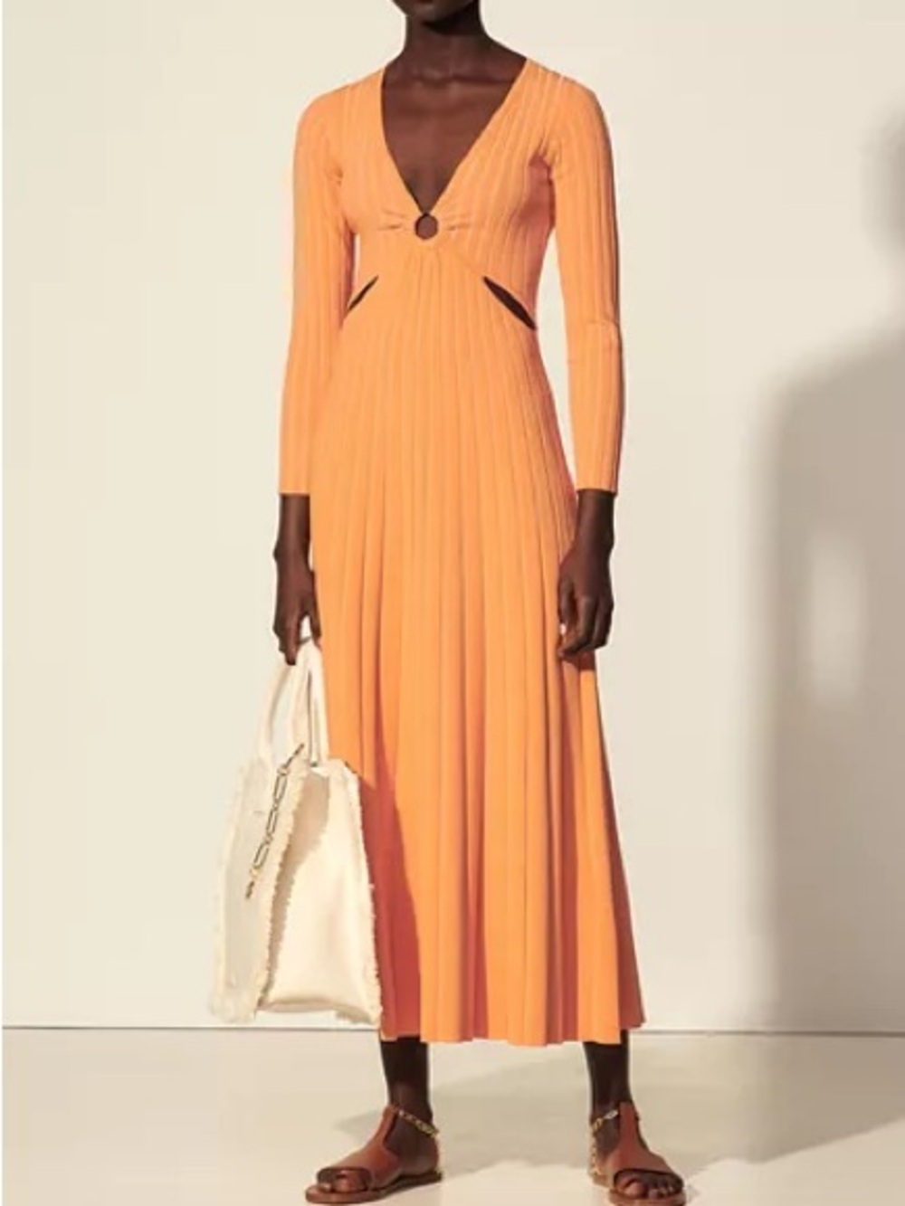 Sandro Paris Bruna Ribbed Cutout Knit Midi Dress Orange Size FR 42 US 10 NWT